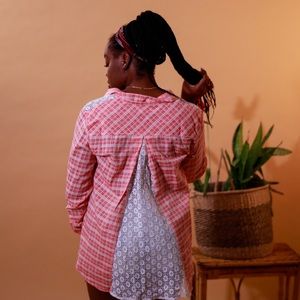 CLEARANCE Red plaid with white lace button up shirt